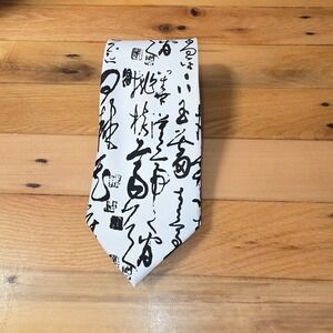 Kailong Mens White Black Silk Calligraphy Script Print Hand Made Necktie Tie